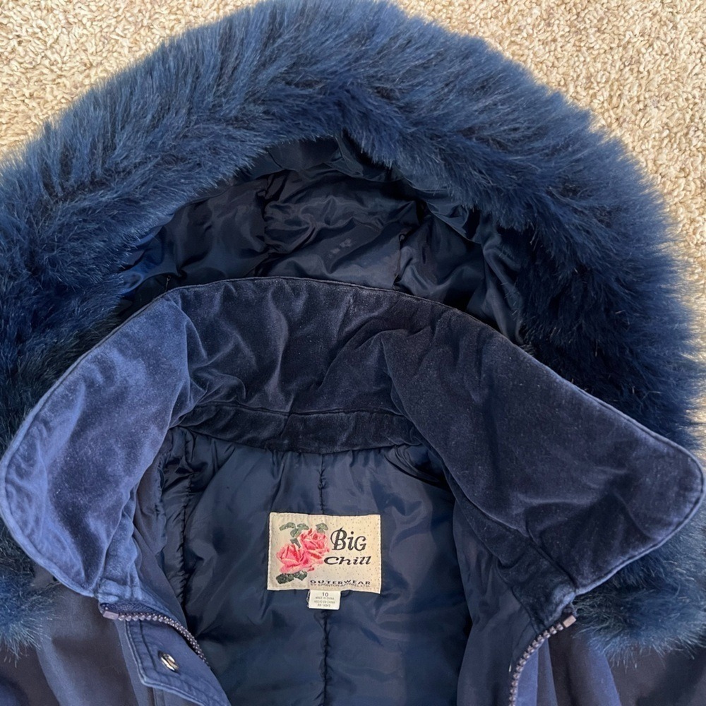 VINTAGE Big Chill Hooded Capelet Parka 10 Navy Blue Velvet Trim Heart Faux Fur - Picture 5 of 8